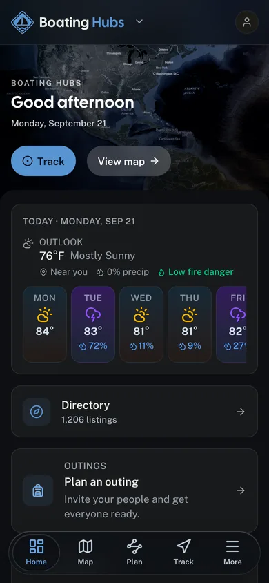 The Boating Hubs app dashboard