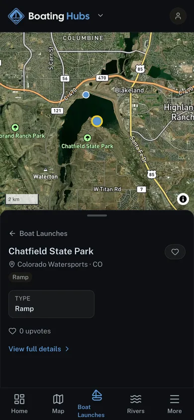 A mapped place open beside the surrounding catalog in the Boating Hubs app