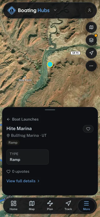 A mapped place open beside the surrounding catalog in the Boating Hubs app