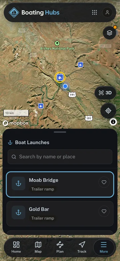 A mapped place open beside the surrounding catalog in the Boating Hubs app