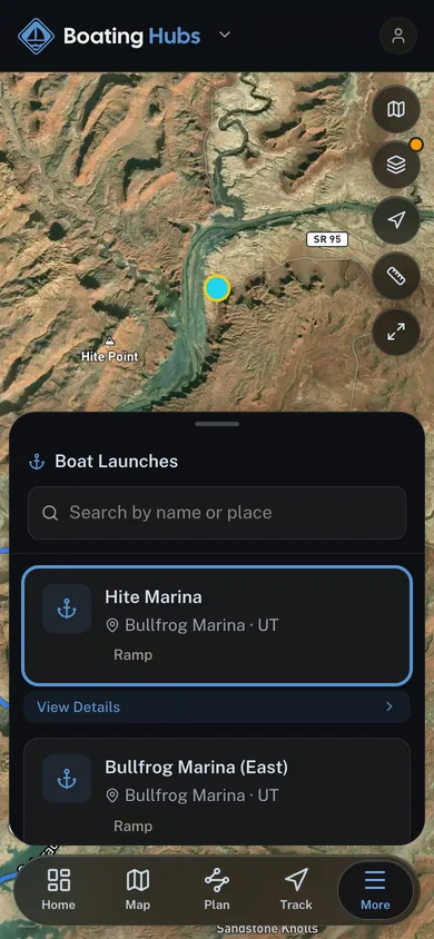 A mapped place open beside the surrounding catalog in the Boating Hubs app