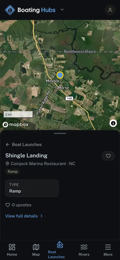 A mapped place open beside the surrounding catalog in the Boating Hubs app