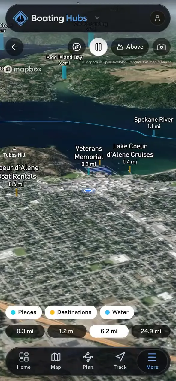 Nearby places standing on the real terrain in 3D in the Boating Hubs app