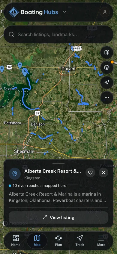 Nearby places mapped in the Boating Hubs app