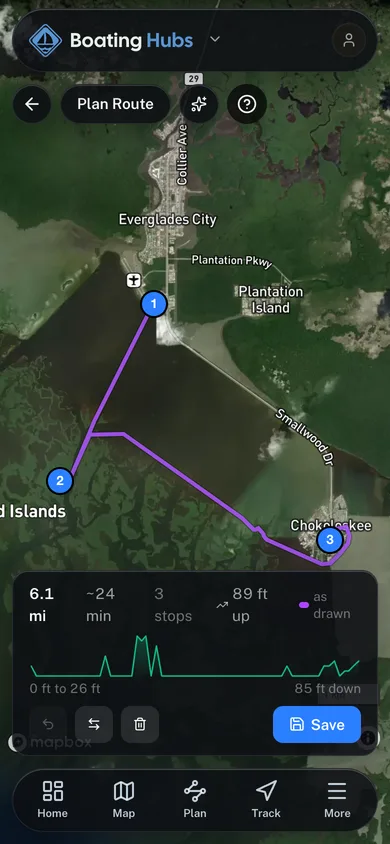 A planned route with its distance, stops and elevation profile in the Boating Hubs app