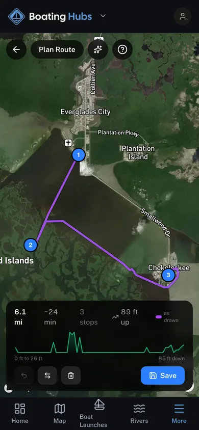 A planned route with its distance, stops and elevation profile in the Boating Hubs app