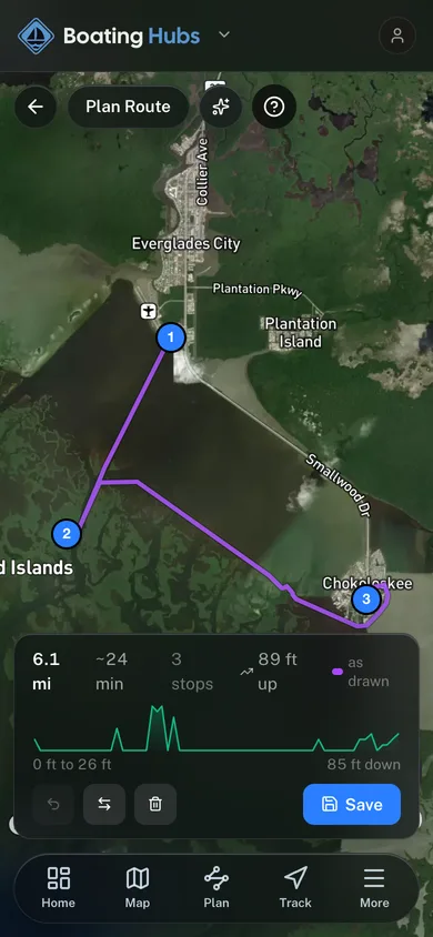A planned route with its distance, stops and elevation profile in the Boating Hubs app