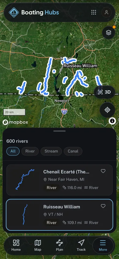 A river reach selected out of the mapped river network in the Boating Hubs app