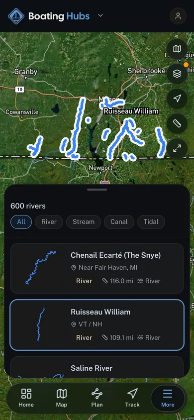 A river reach selected out of the mapped river network in the Boating Hubs app