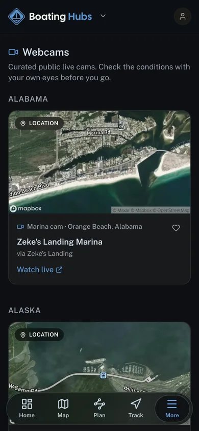 Live public webcams grouped by state in the Boating Hubs app