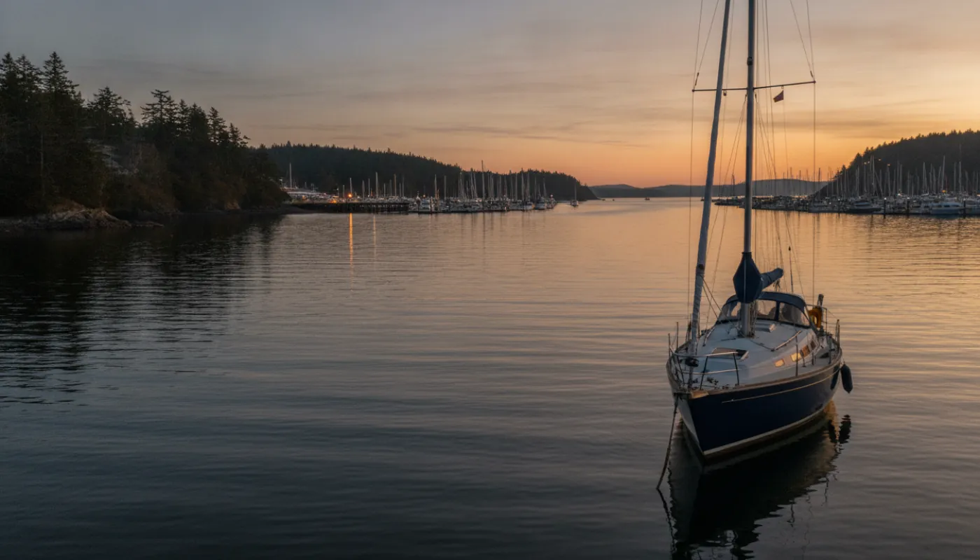 A cruising sailboat lying at anchor in a quiet cove at dusk, anchor rode leading off the bow, a distant lit marina across the water on the far shore, calm reflections and fading gold light