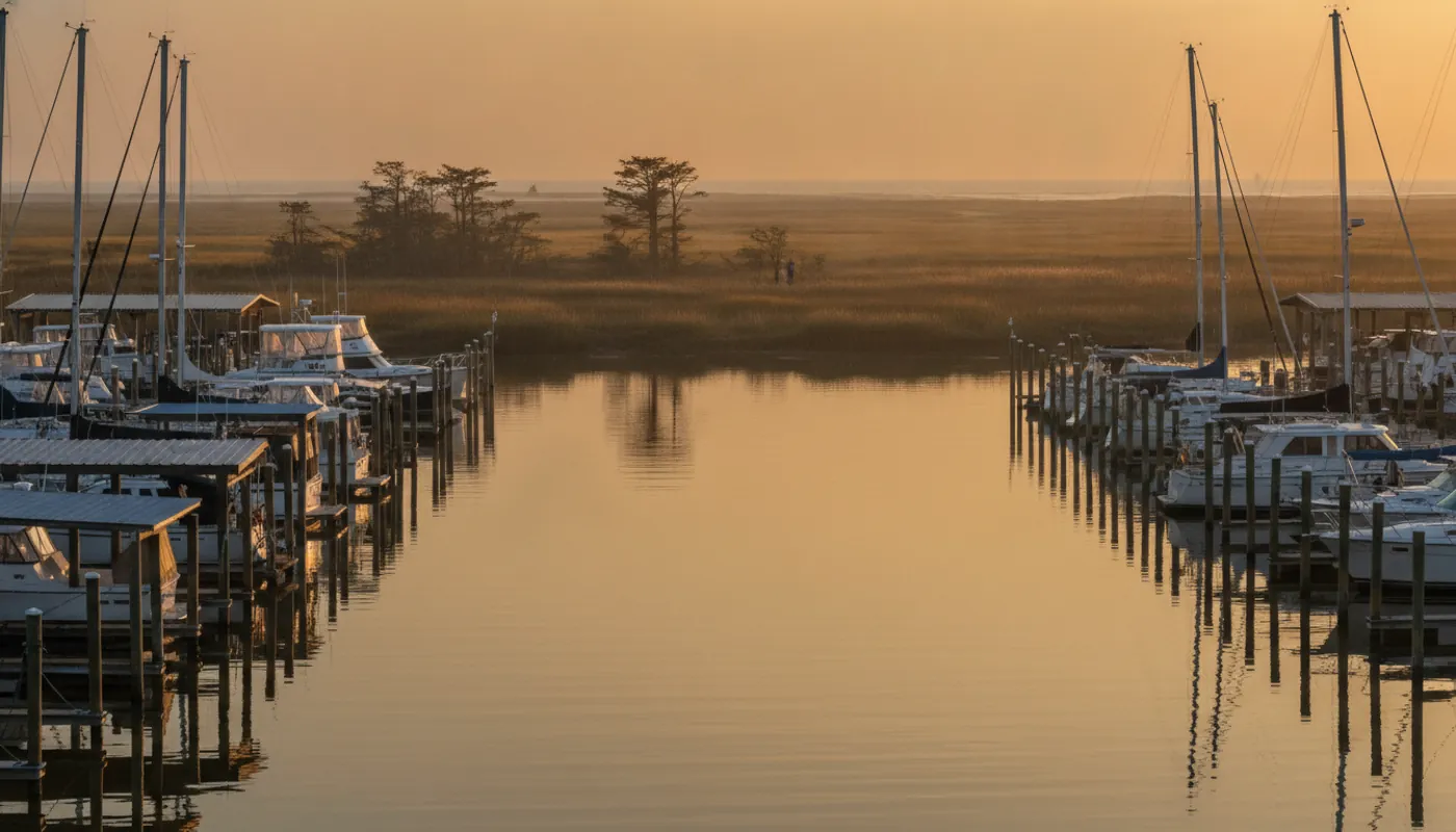 A protected Gulf Coast marina basin at golden hour, rows of liveaboard sailboats and trawlers in open and covered slips, calm water and low coastal marsh beyond in warm evening light