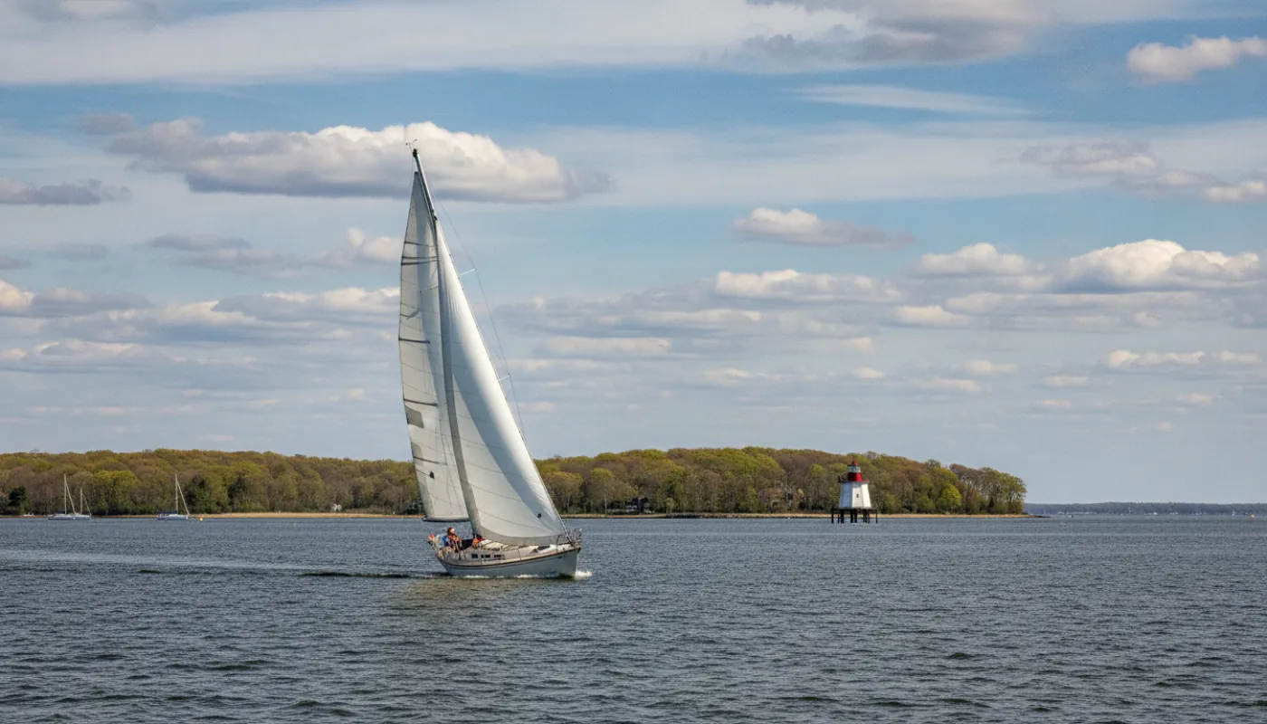 A sloop under sail on the Chesapeake Bay on a bright spring afternoon, a low wooded shoreline and a distant screwpile lighthouse behind, a moderate southwest breeze filling the sails under scattered cumulus