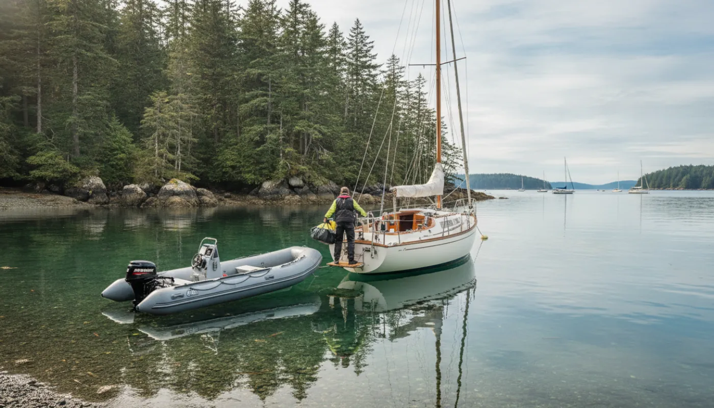 A RIB dinghy with a small outboard tied alongside a cruising sailboat at anchor in a calm cove, a cruiser stepping aboard with a dry bag, clear water and a wooded shore under soft afternoon light