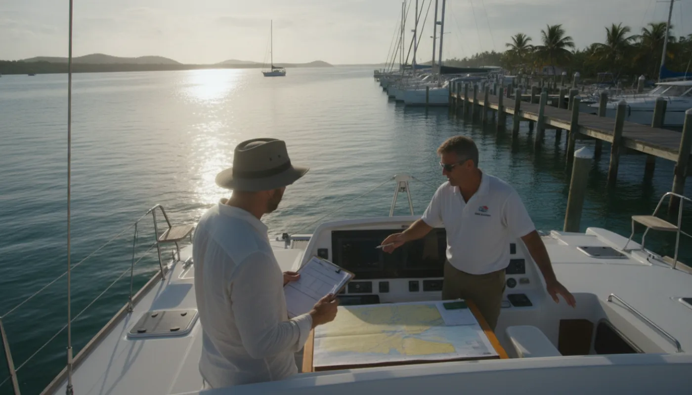 A charterer and a charter-base skipper working through a pre-departure boat briefing in the cockpit of a cruising catamaran at a tropical marina dock, clipboard in hand, other charter yachts lined up along the pier in bright morning light