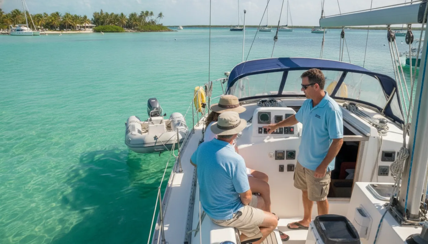 A charter sailboat at anchor in a clear turquoise bay, a captain showing a couple the boat's systems in the cockpit while a dinghy floats tied astern, bright tropical midday light