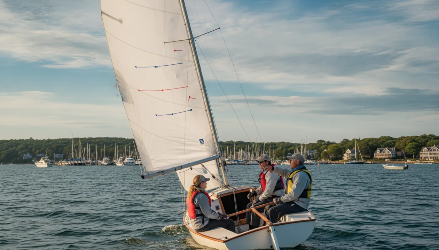 A small keelboat under sail on a breezy bay with an instructor and two students aboard, one student at the helm concentrating while the instructor points out a sail trim detail, telltales streaming in bright blue afternoon light