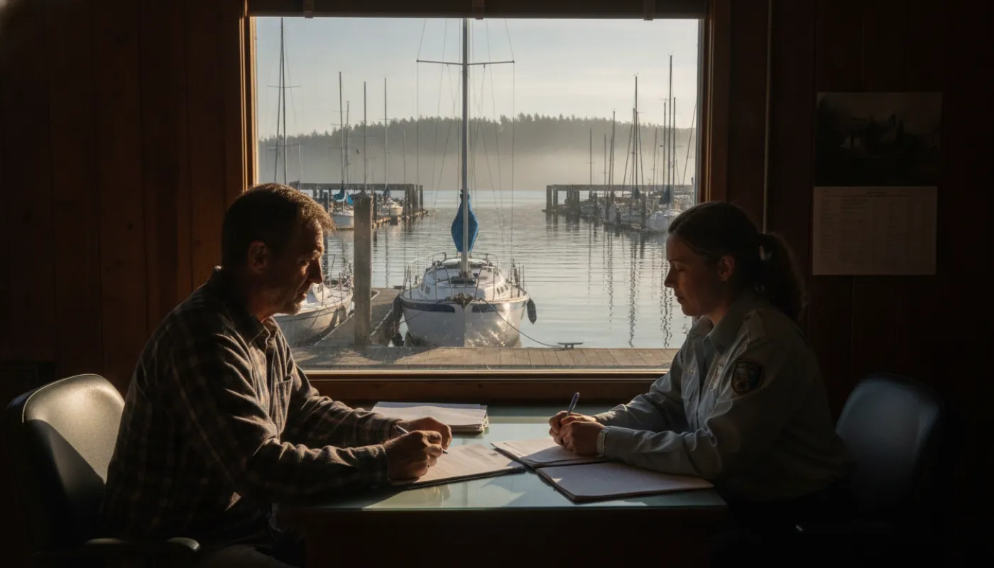 A boat owner and a marina manager reviewing a slip contract at a dockside marina office, a sailboat visible through the window at its slip, papers and a pen on the desk in warm daylight