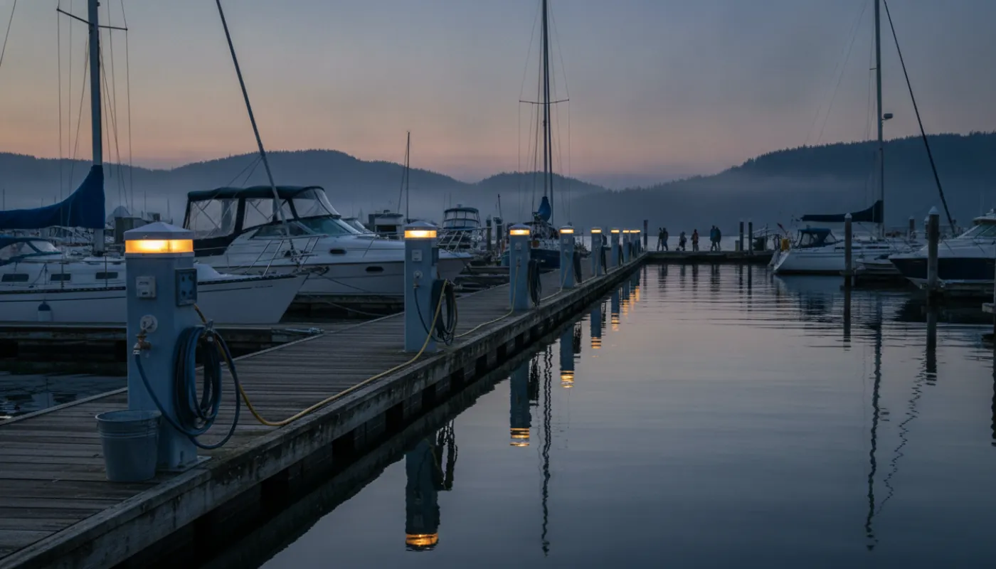 A row of marina dock pedestals with shore-power outlets and water spigots along a wooden finger pier at dusk, power cords running out to boats, warm pedestal lights reflecting on calm water