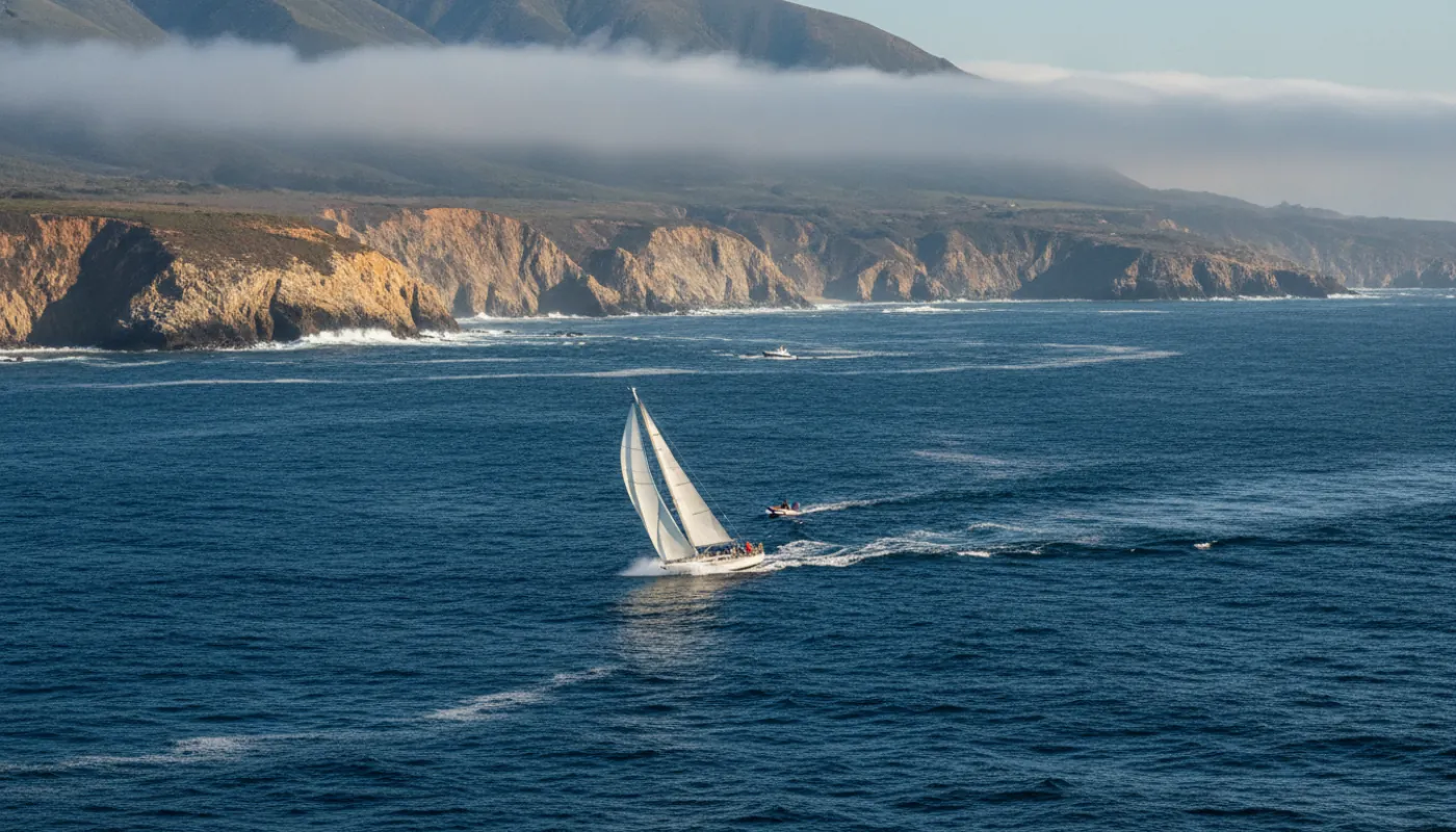 A sailboat heeling on a brisk offshore reach along the rugged Big Sur coast, steep golden cliffs plunging to deep blue water, an afternoon northwest swell running and a bank of marine-layer fog hanging offshore