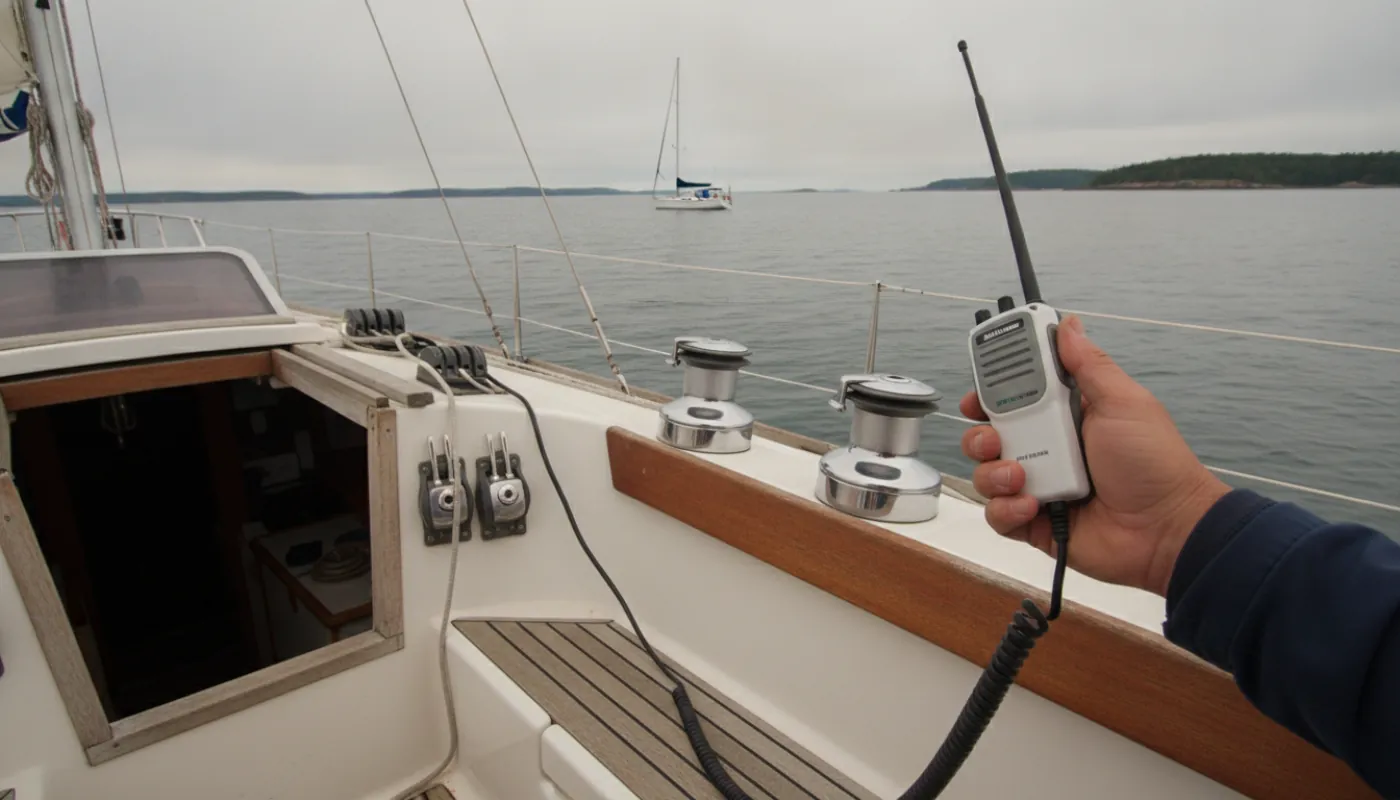 A boater's hand holding a marine VHF radio handset in a sailboat cockpit at sea, coiled cord and stainless winches around the companionway, open water and horizon beyond under bright overcast light