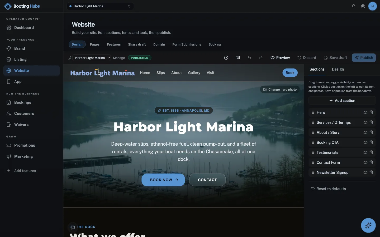 Website builder in the Boating Hubs cockpit